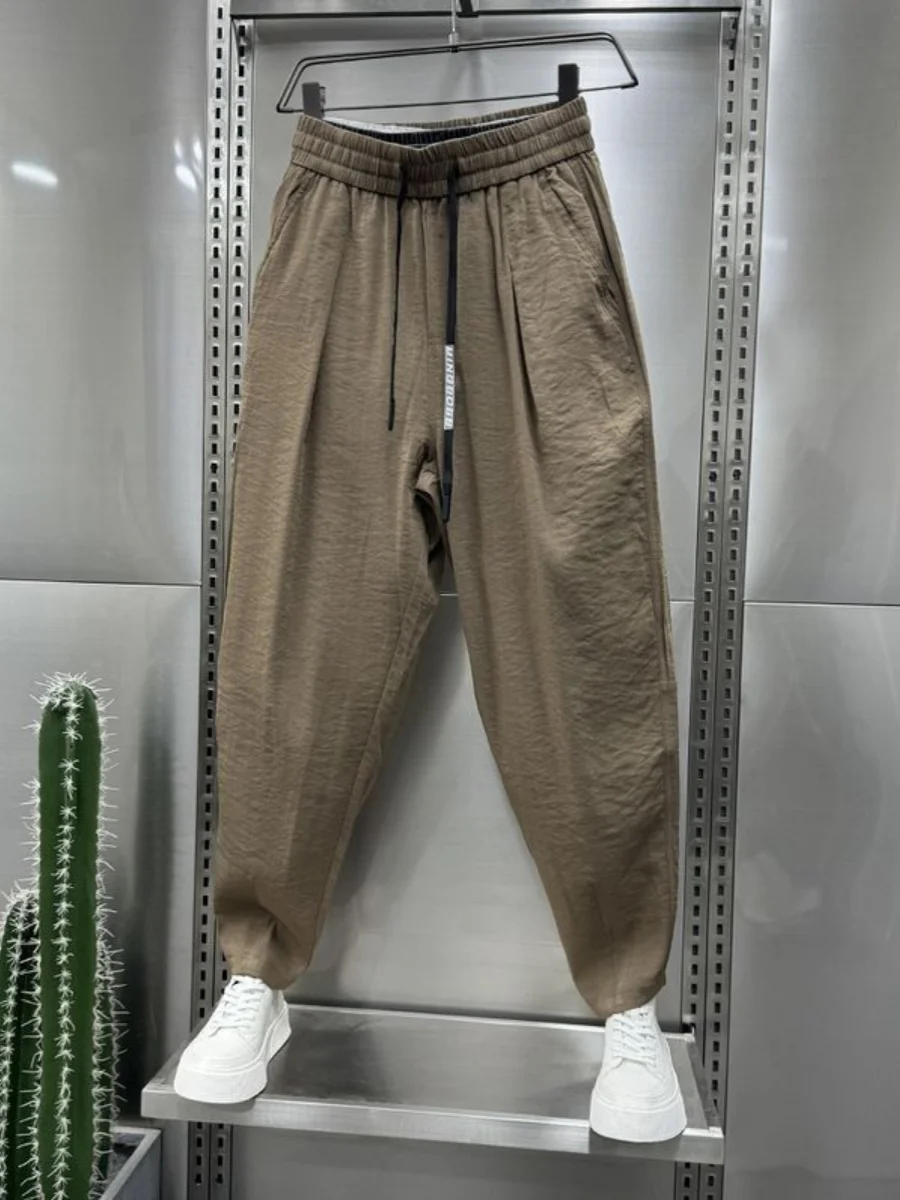 

Летние повседневные брюки из тонкого хлопка и льна, мужские драпированные брюки Харлан из ледяного шелка, новинка 2024, свободные брюки Rutabaga с девятью очками