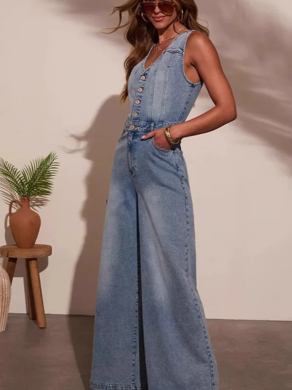 

Повседневный джинсовый комбинезон с v-образным вырезом, брюки, женские широкие длинные брюки, удобные дышащие весенне-летние морские брюки