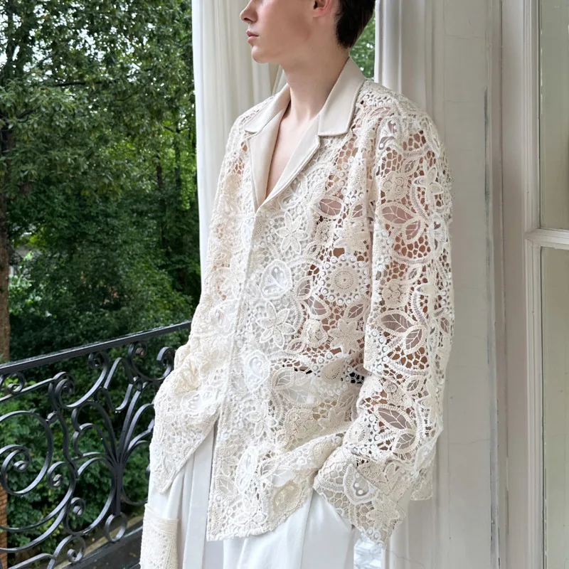 WVGA Springsummer New Men Tide Niche High-End Design Lace Hollow Out Long Sleeve Shirts Chic Casual Turn-Down Collar Tops W17981
