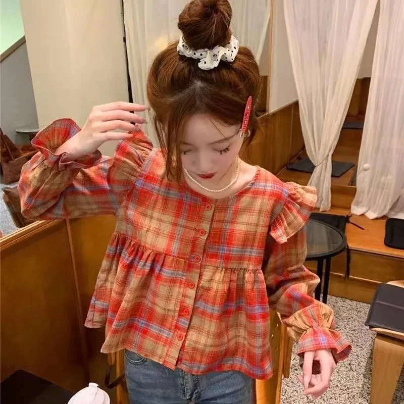 

Autumn New Sweet Ruffle Long Sleeve Plaid Shirts Women Korean Chic Round Neck Single Breasted Crop Tops Fashion Blouse