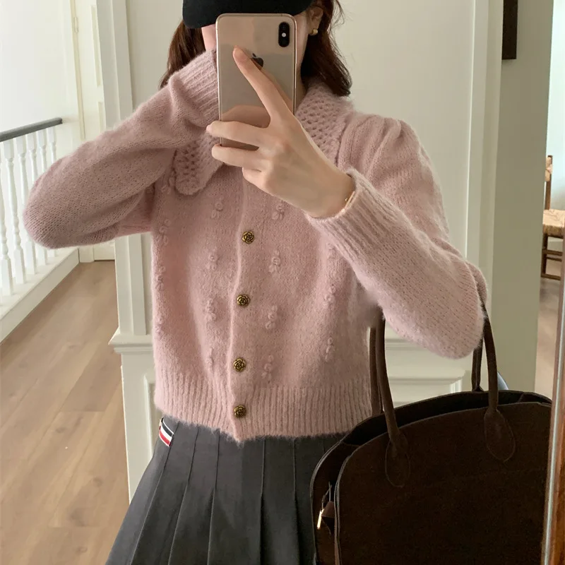 

French style heavy industry hook flower pink knitted cardigan autumn and winter women lapel collar short sweater jacket