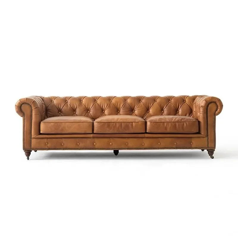 Medieval style full leather sofa first layer cowhide American retro oil wax leather, living room combination pull button sofa