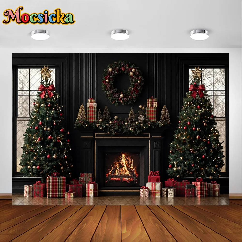 Mocsicka 사진 배경 검은 벽난로 화환 장식 가족 크리스마스 휴일 초상화 사진 배경