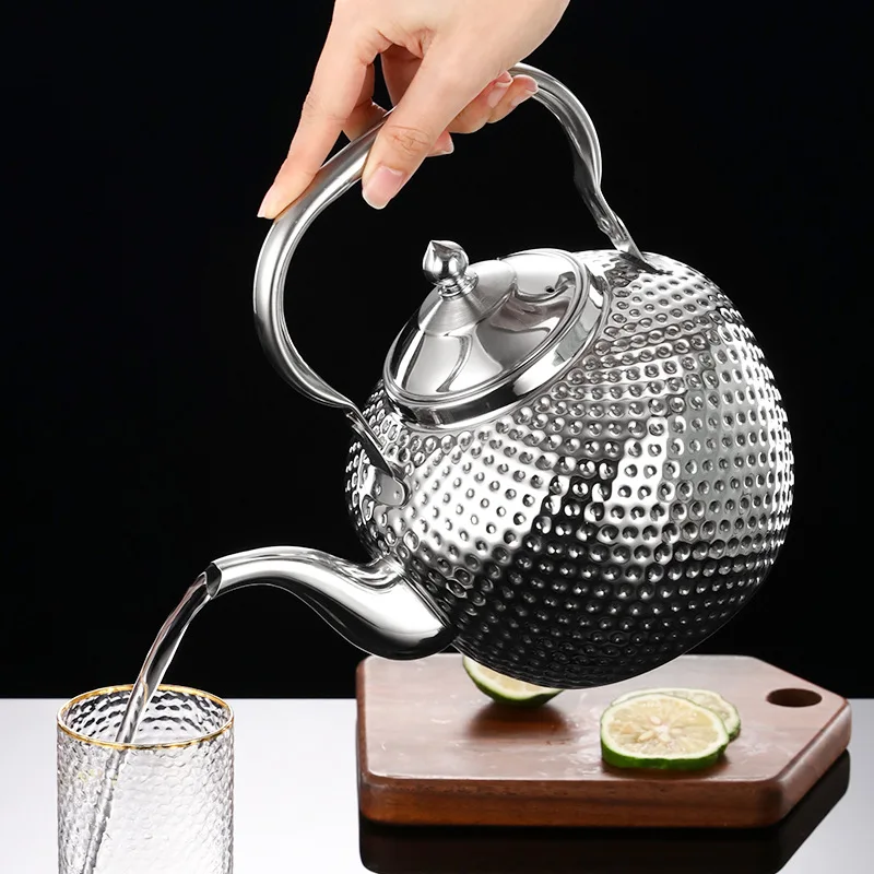 1.2/1.5/2 Liter 304 Stainless Steel Teapot with Strainer Hammered Spherical Kettle Household Induction Cooker Tea Pot