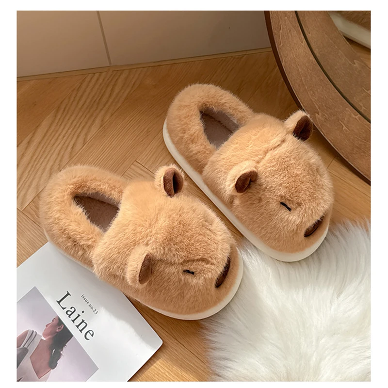 Capybara-Plüsch-Hausschuhe für Damen, flauschige Winter-Mules, Plateauschuhe, Mädchen-Freizeit-Innen-Schlappen, flauschige Fell-Slides, Unisex-Schuhe – Detail 8