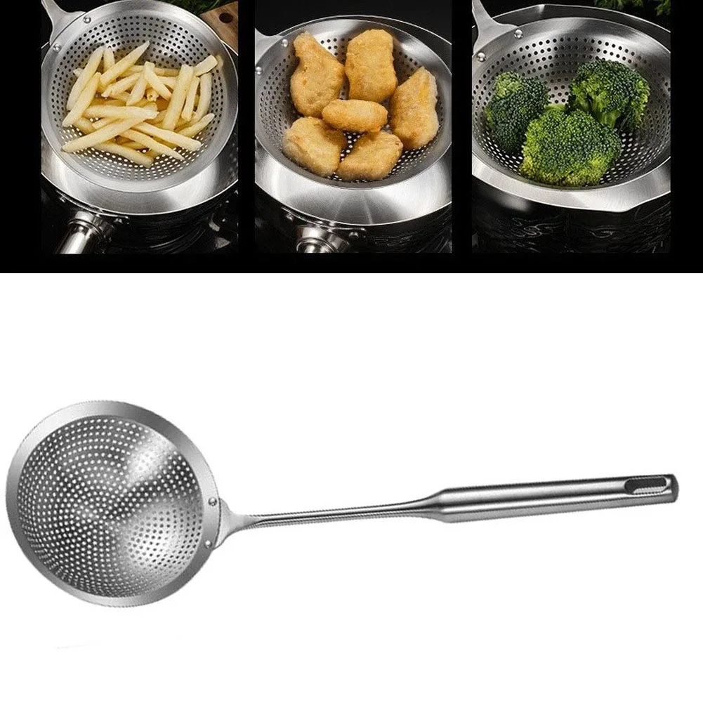 304 Stainless Steel Colander Skimmer with Ergonomic Heat Resistant Handle Designed for Straining Fried Foods and Vegetables