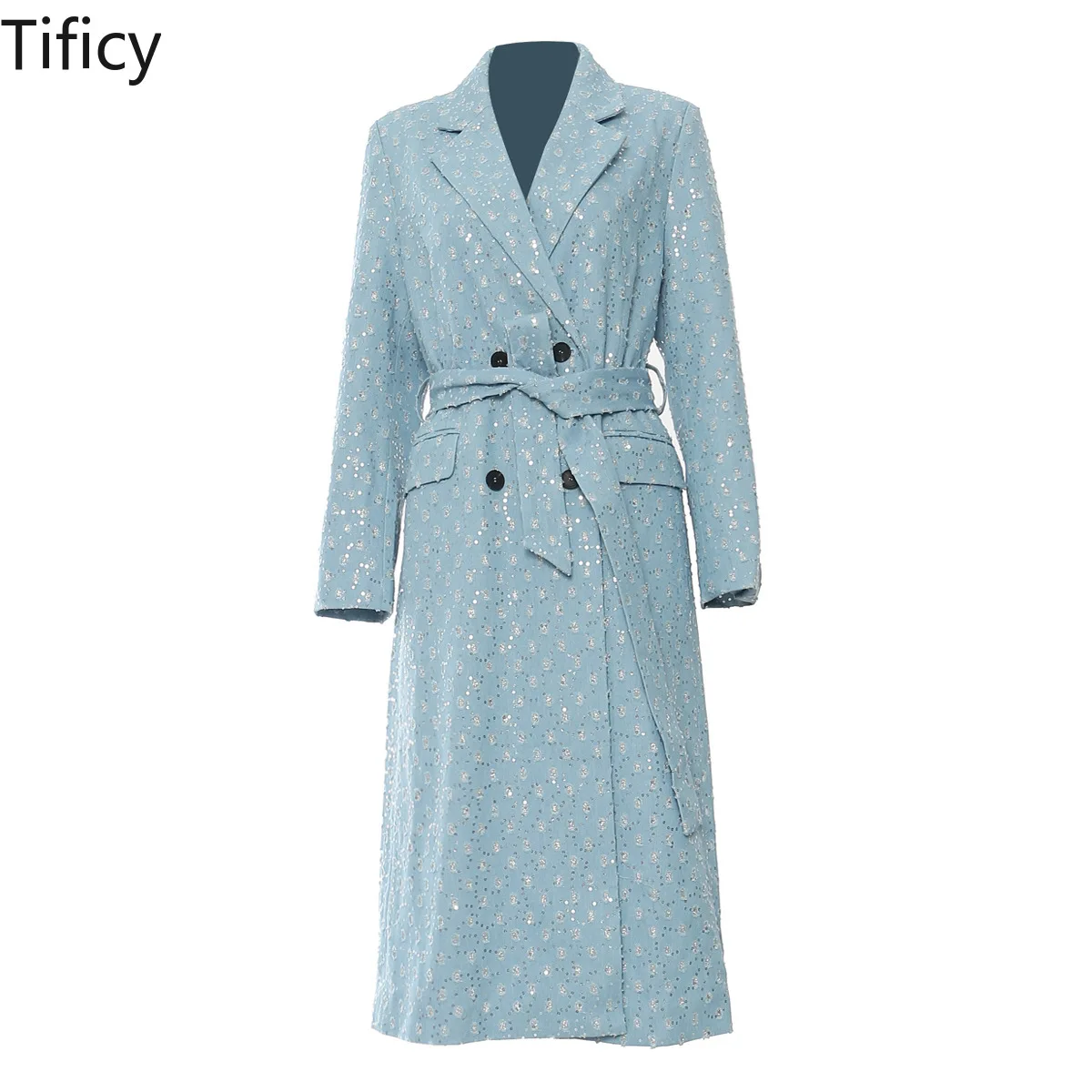 

TIFICY Elegant Autumn and Winter New Double Breasted Heavy Duty Beaded Cowboy Long Windcoat Denim Trench Coat with Belt