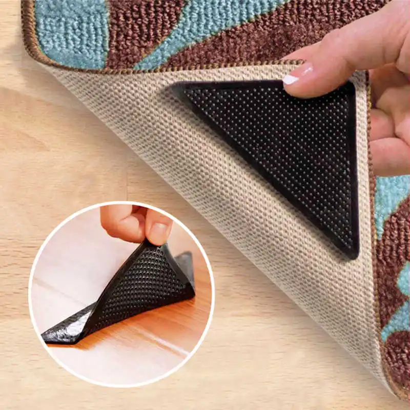 4PCS Floor Mat Rug Gripper Sticky Pads Stickers 10.5x10.5x15cm Black Non Slip Washable Reusable Triangle Silicone Anti-Slip Mats