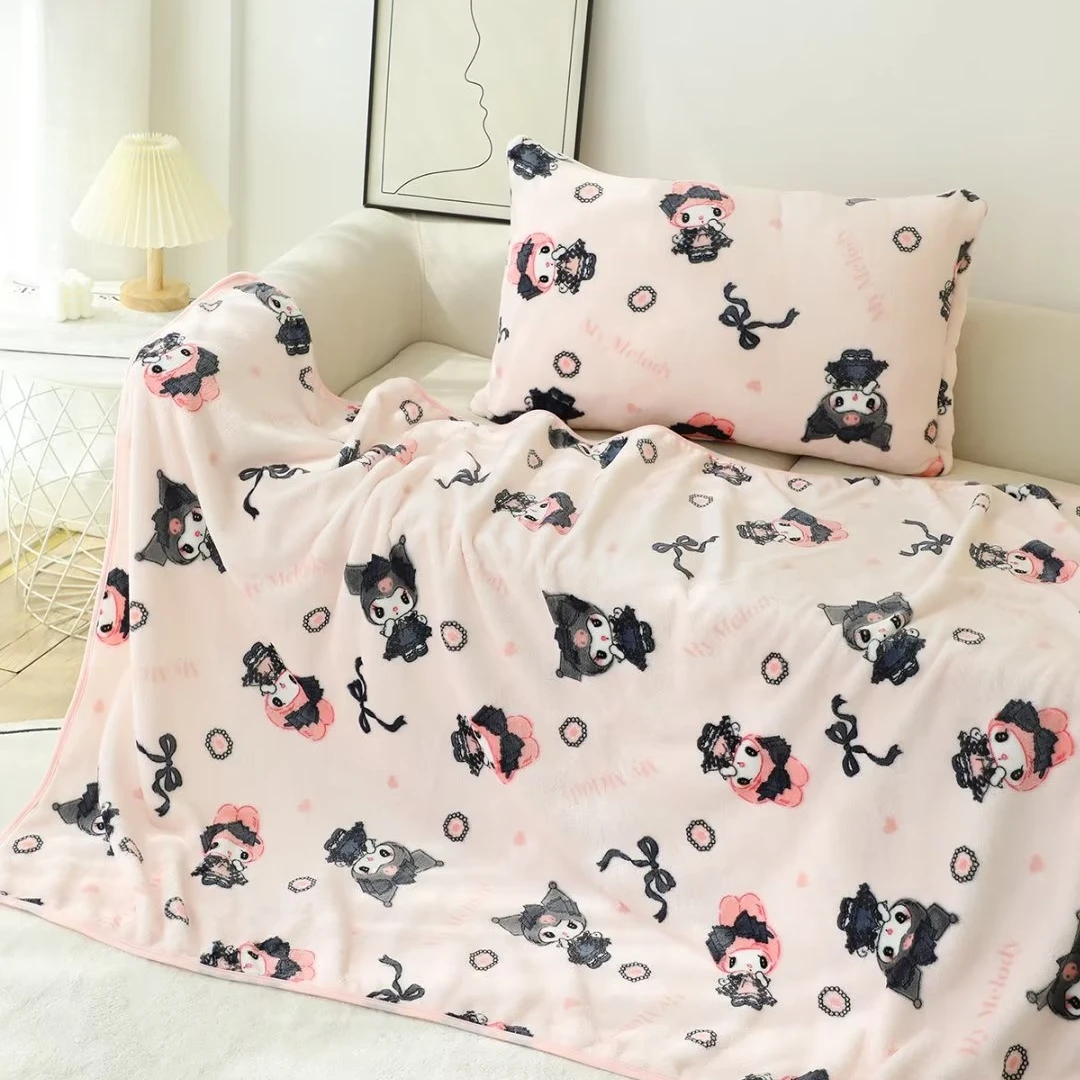 Kawaii My Melody and Lolita Kuromi Blanket Single Size Coral Fleece Blanket Nap Blanket Comfortable Bedspread Bedding Quilt Girl