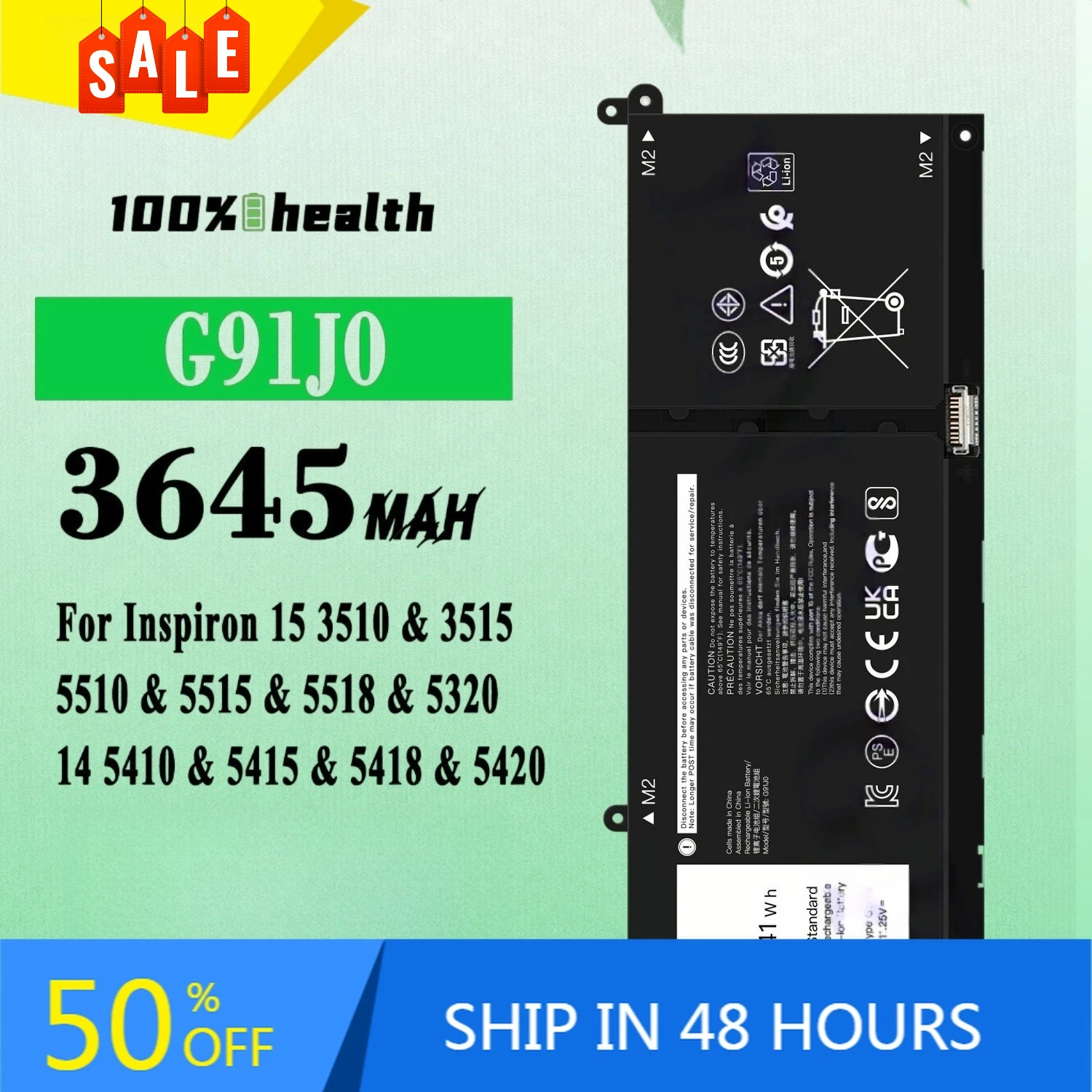 

G91J0 3645mAh Laptop Battery for Dell Inspiron15 3510 3515 5510 5515 5518 Lithium Rechargeable Battery