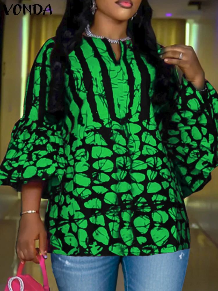 2025 VONDAผู้หญิงฤดูร้อนเสื้อลําลอง 3/4 Flare Sleeve Vintageพิมพ์เสื้อแฟชั่นVคอBohemian TopsหลวมBlusasขนาดใหญ่