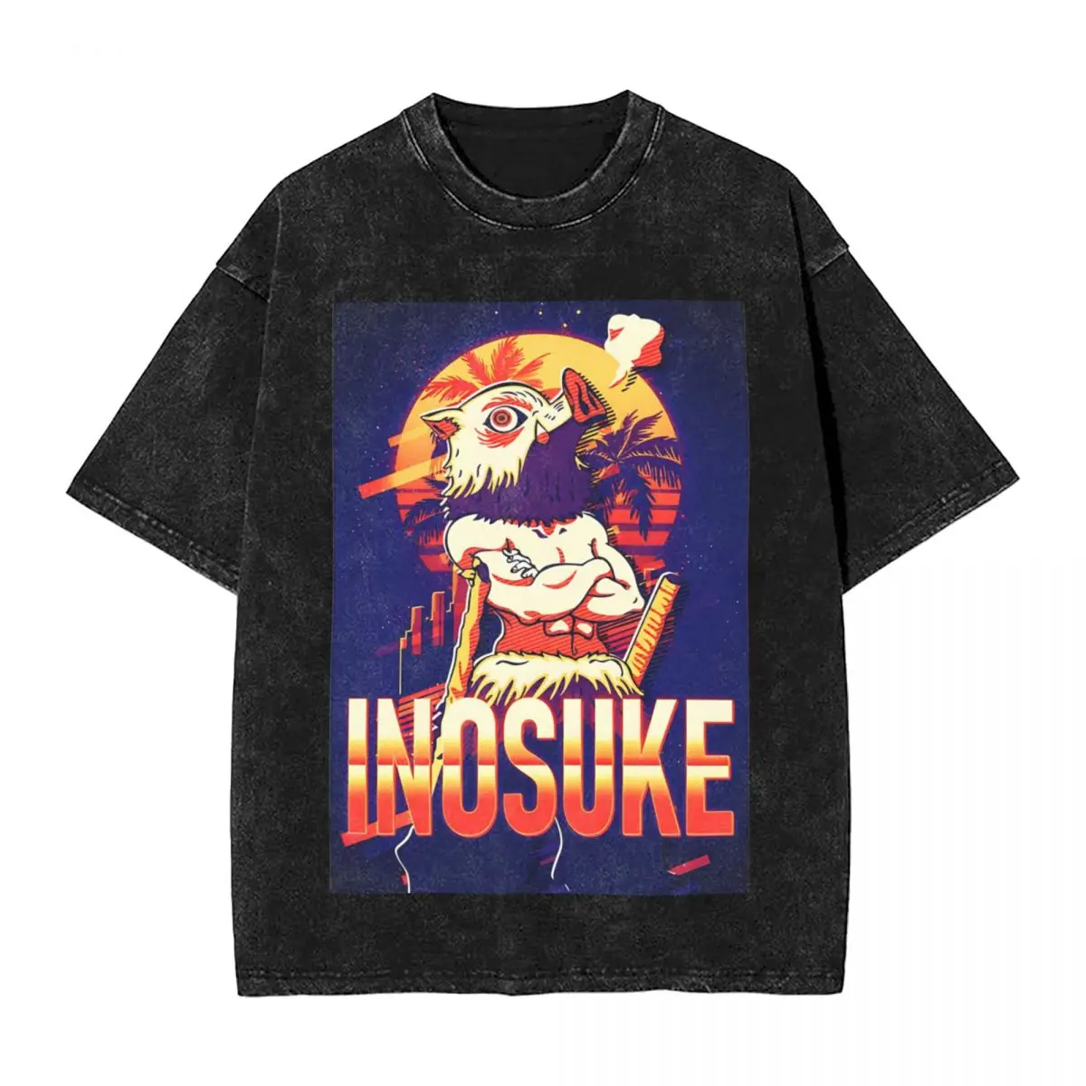 Inosuke Retro 80s T Shirt Washed Short Sleeve Harajuku T-Shirts Anime Demon Slayer Fashion Men Women Tops Summer Tee Shirt