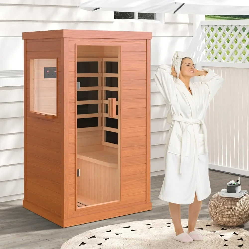 Far Infrared Wooden Sauna, Indoor Sauna with Bluetooth Speakers & 5 Heating Panel, Intelligent Control Panel, 900W Dry Sauna