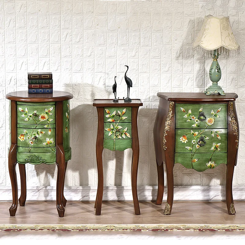 

European-style sofa side table, living room storage painted small coffee table with drawers, European-style sofa side cabinet