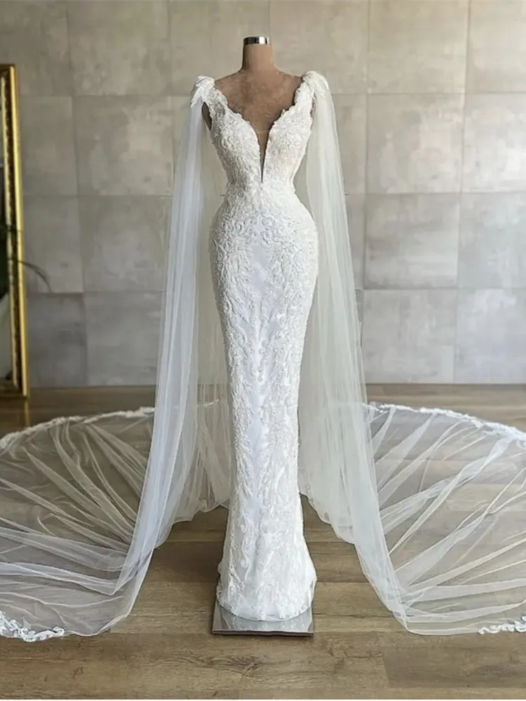 Robe De mariée De luxe en dentelle perlée, avec Cape longue, sur mesure, nouveau Design