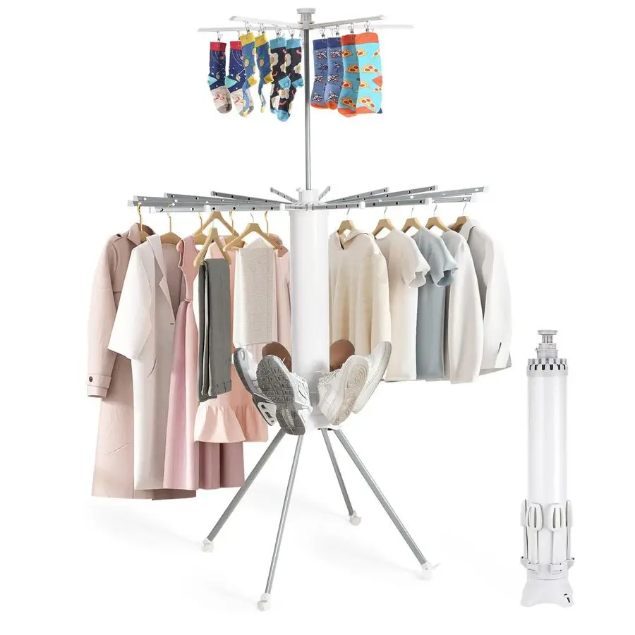 

Сушилка для одежды на 4 ножках, портативная подставка для белья с 20 зажимами-усилителями для обуви, складная металлическая двойная стойка для использования в помещении и на открытом воздухе