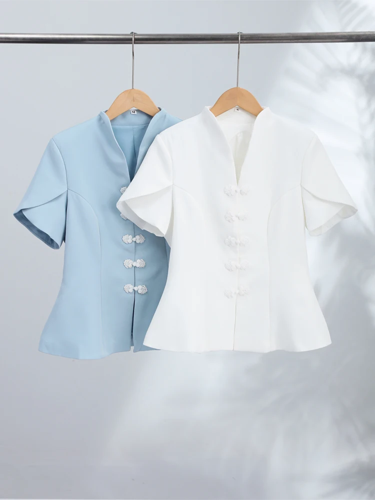 Puffärmel-Oberteil mit Froschknöpfen und Taillenschnürung für Damen, Vintage-Stehkragen, Kurze Ärmel, Rüschen, Schlankes Top, Modische Damenmode, Neue Streetwear – Detail 3