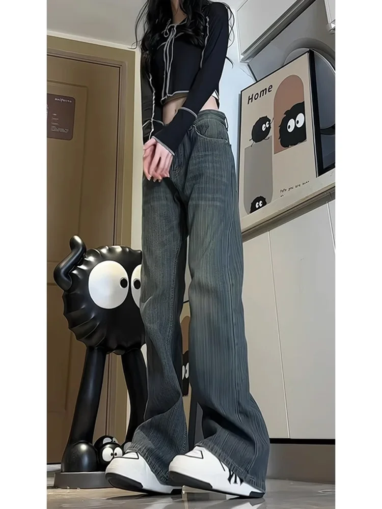 

Rinsed Vintage Blue Jeans Men's Long Pants Extended Tall American High Street Slim Straight Micro Flared Trousers