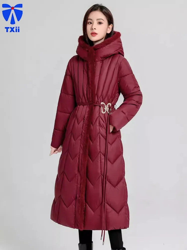 Woman Winter Down Jacket Long Coat With Belt 2024 New Hooded Pockets Zipper Warm Woman Padded Coat Winter Clothes L-7XL