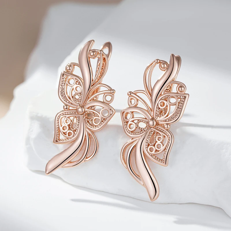 Kinel Hot Unique Glossy Long English Earrings for Women Fashion 585 Rose Gold Color Metal Flower High Quality Daily Fine Jewelry