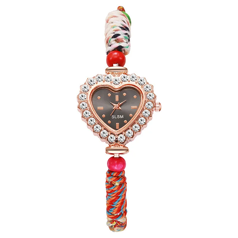موضة حبل مضفر حزام المرأة ساعة اليد الفاخرة حجر الراين القلب الهاتفي السيدات ساعات كوارتز Reloj Mujer