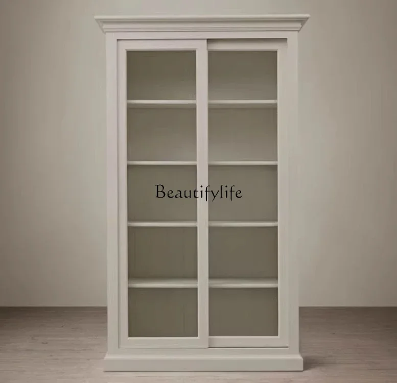 

yj5 American rural solid wood bookcase sliding door glass bookcase file side cabinet can be customized furniture