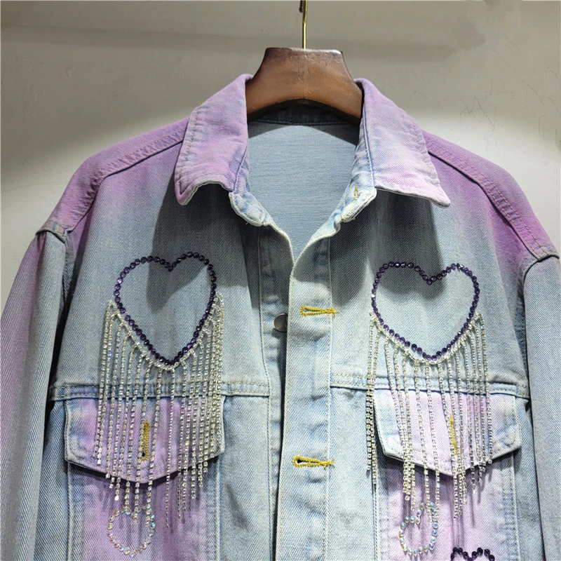 Autumn 2024 Heavy Embroidery Diamond Drills Denim Coat Loose Profile Slimming Short Doll Collar Denim Top For Women's Clothes