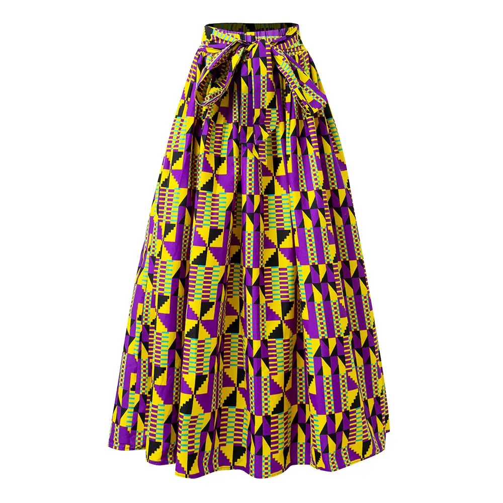 

African Skirts For Women 2023 New Fashion Purple Kente Print Skirt Autumn Africa High Waist Maxi Skirt Party Clothing For Lady