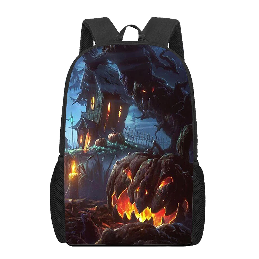 Horror Halloween Backpack Castle Bat Pumpkin Print School Bags For Boys Girls Teen Halloween Gift 16 Inches Travel Sport Daypack