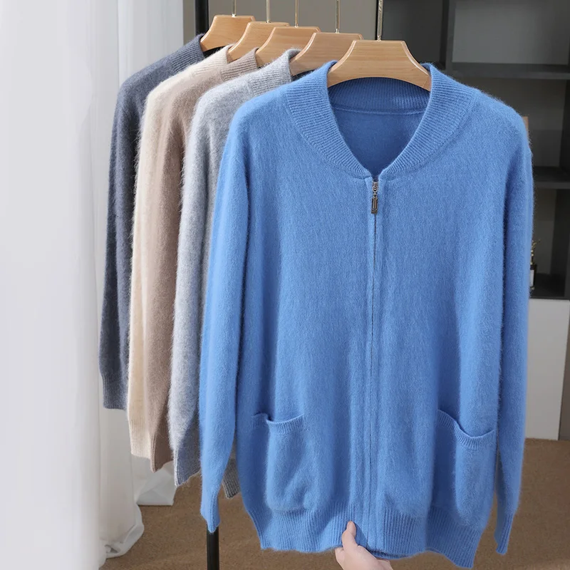 

Autumn And Winter New Pure 100% Mink cashmere Men's Knitted Cardigan Loose Casual Joker Sweater Coat Bottoming Shirt Coat