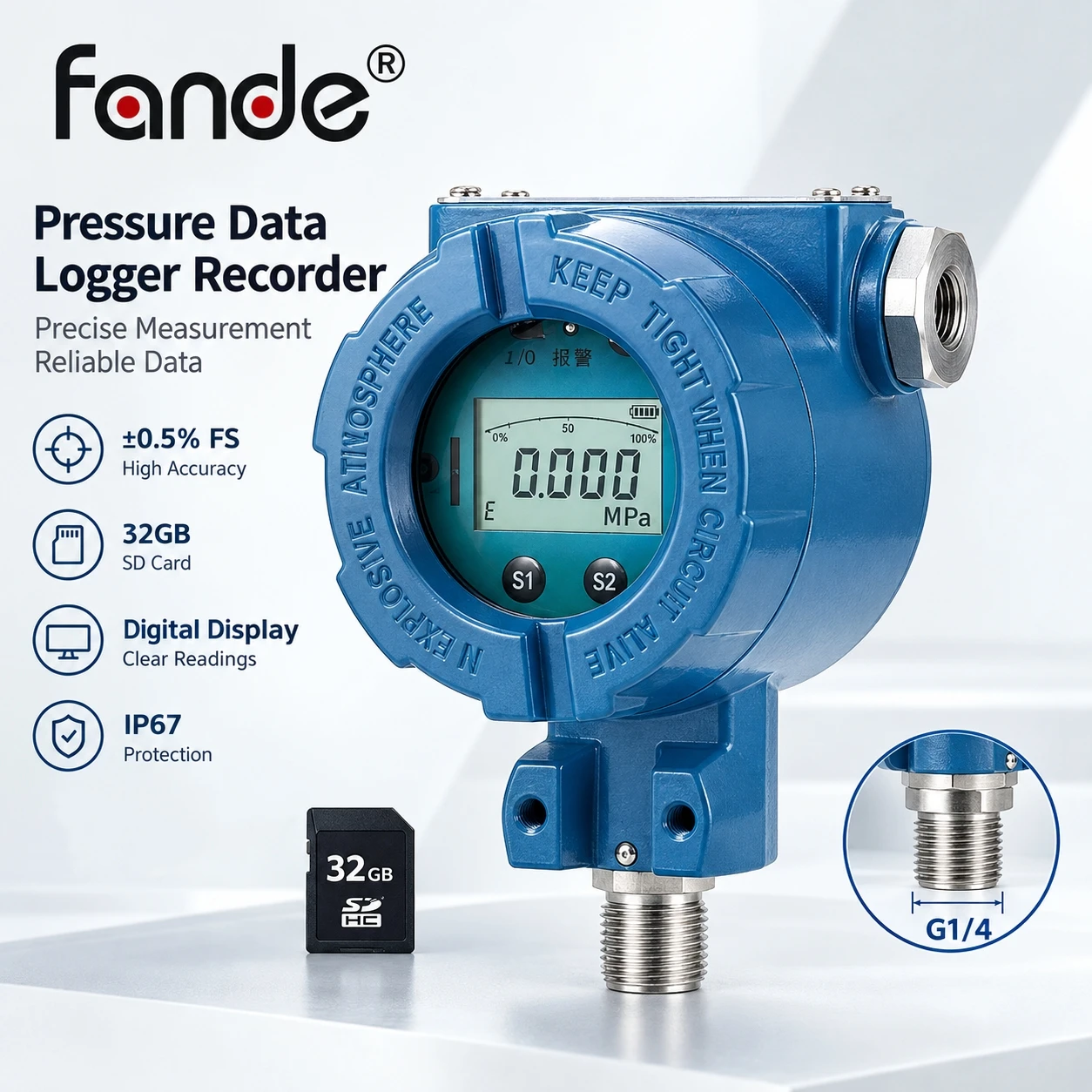 Pressure Data Logger Recorder 0.5%FS 32G SD Card -0.1 to 100MPa Digital Pressure Gauge with Alarm for Industrial Monitoring