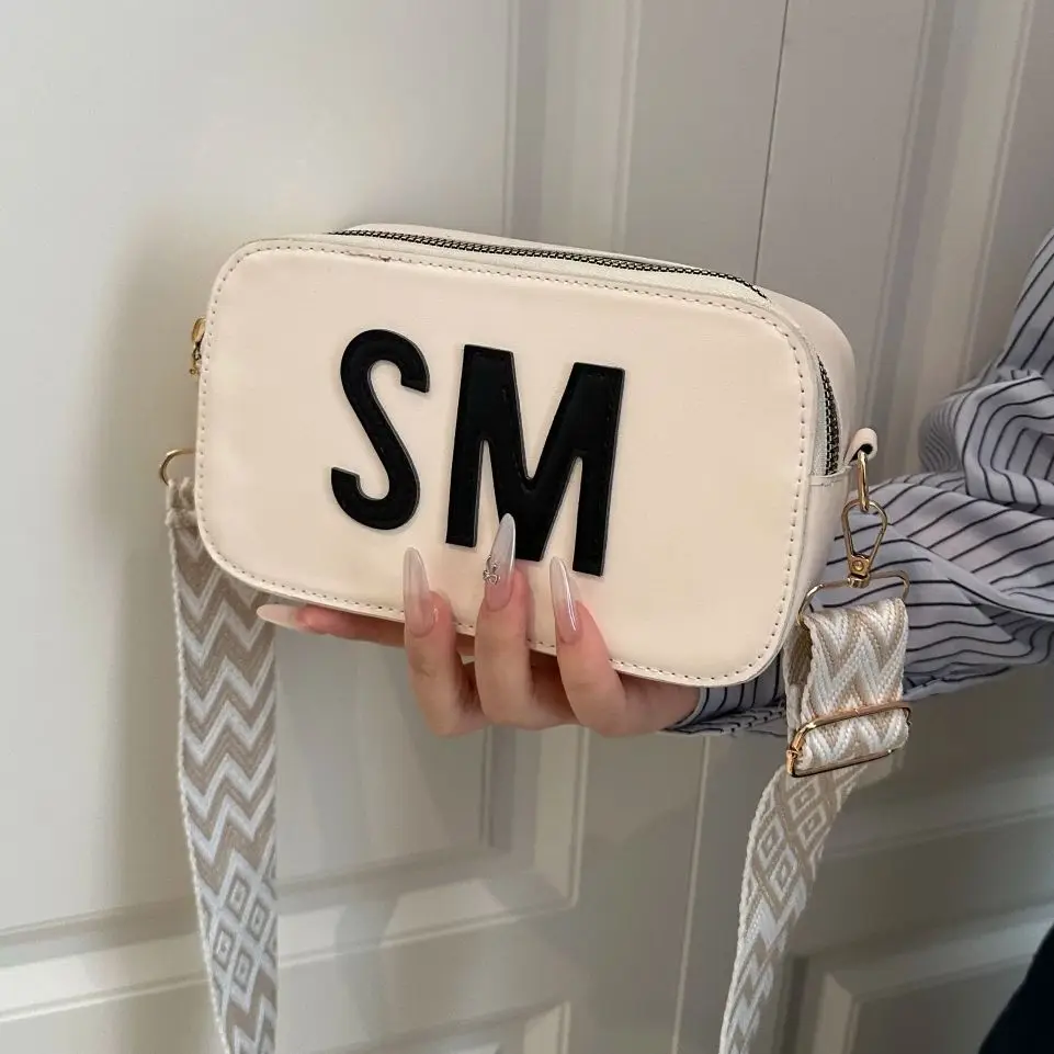

Zeyph A Small Square Bag With A Simple Letter Zipperknitted Fabric Wide Strap Pu Crossbody Bag