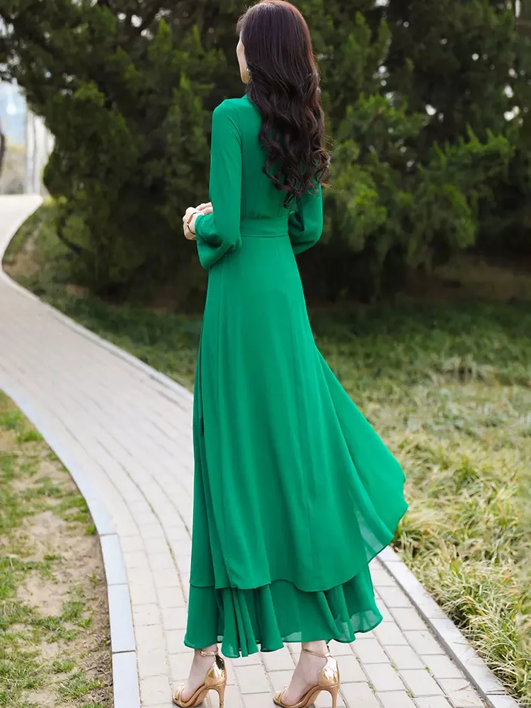 New Women Summer Chiffon Long Dress Fashion Turn-down Collar Long Sleeve Slim Green Dress Elegant Holiday Overlength Dress