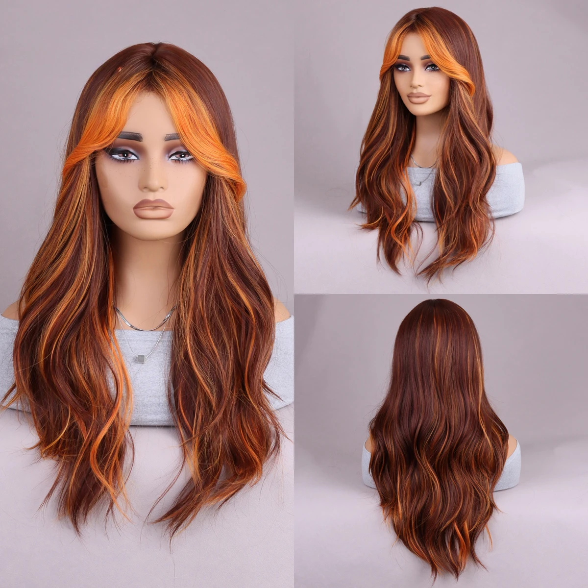 Reddish-brown with bangs Natural wave for women Heat-resistant fiber synthetic daily party Wigs