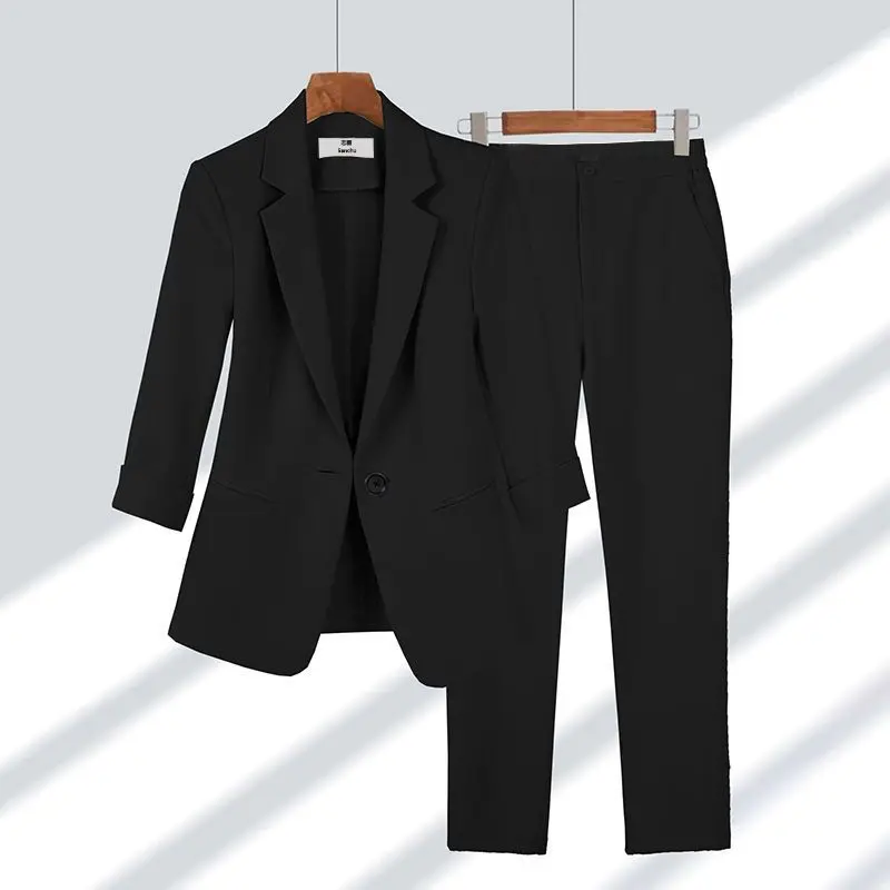 Summer New Thin Jacket Blazer Casual Wide Leg Pants Two Piece Elegant Women\'s Pants Set Office Outfits Business Clothing