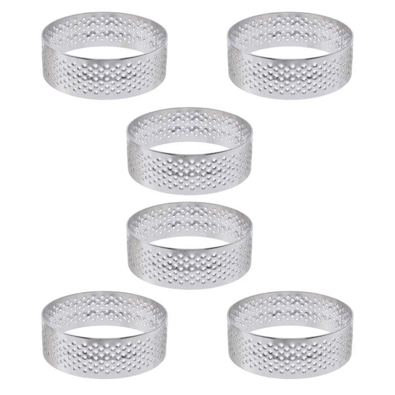 

6Pcs 6cm Tart Ring Stainless Steel Tartlet Mold Circle Cutter Pie Ring Heat-Resistant Perforated Cake Mousse Molds