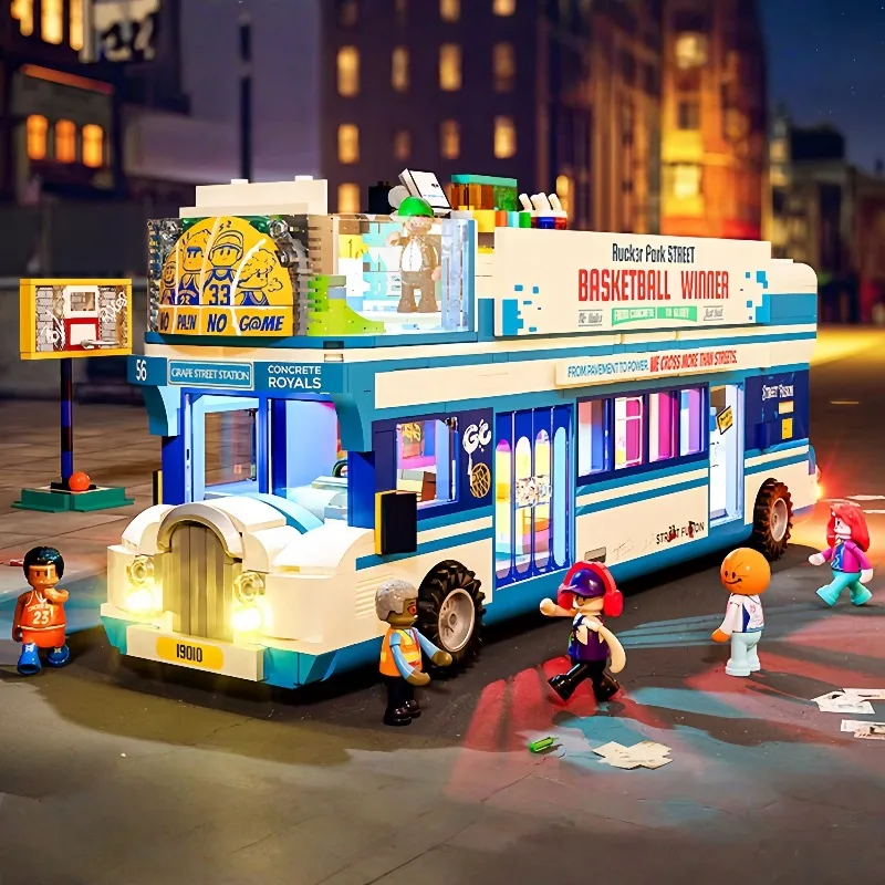 

American Street Style Streetball Bus Building Block Street Scene Architecture Children Building Toy Model Ornament Holiday Gift