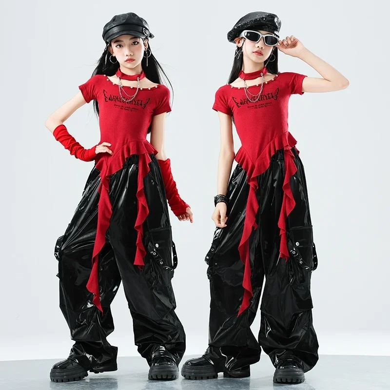 

2025 New Girls Fashion Catwalk Performance Clothing K-pop Stage Outfits Red Street Costume Jazz Hip-Hop Dance Clothes XH2752