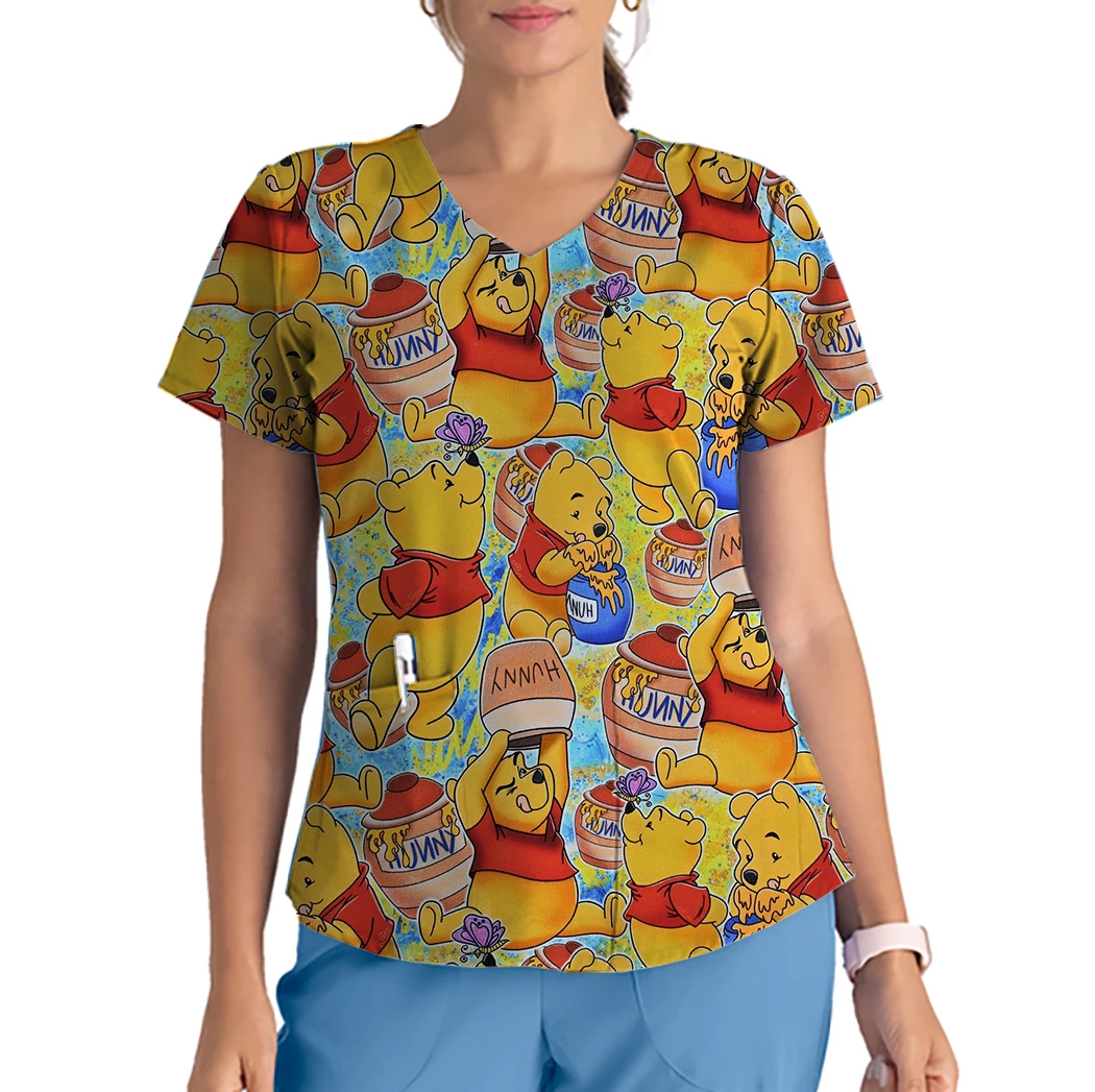 Summer Disney Ladies Nurse Dress Casual V Neck Pocket Scrub Top Print Winnie the Pooh Cartoon Pattern Dentist Pet Shop T-Shirt