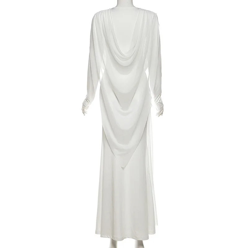 تويست Ruched غير المتكافئة شبكة كيب حورية البحر ماكسي فستان الحفلات المرأة أنيقة الصلبة س الرقبة كم كامل Bodycon ثوب مسائي الجلباب