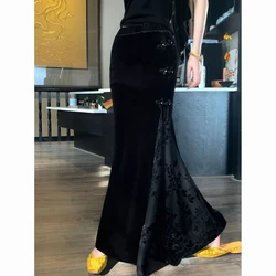 Vrouwelijke grote maat fluwelen lange rokken lente herfst dame borduurrok middelbare leeftijd moeder hoge taille gouden fluwelen maxi rok
