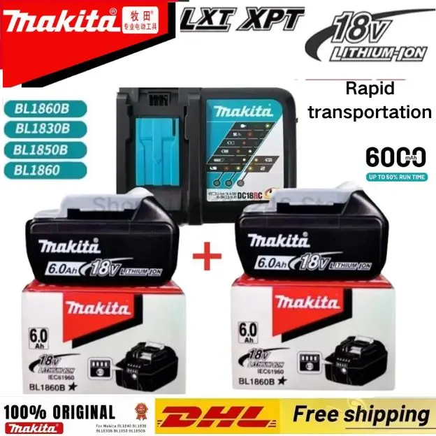 Authentic Makita 18V LXT 6.0Ah Li-Ion Battery+drill+charger，Universal Fit BL1815、1830B、1840B、1850B、1860B、1890 Power Tools