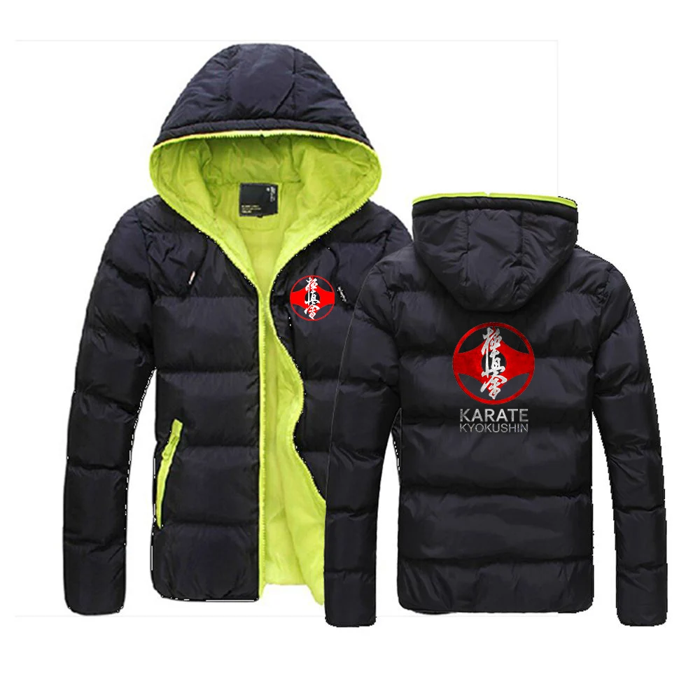 

Kyokushin Karate Printed Men's Winter Colorblock Zipper Hooded Cotton Jacket Sweatshirts Padded Slim Fit Casual Warmer Coats Top