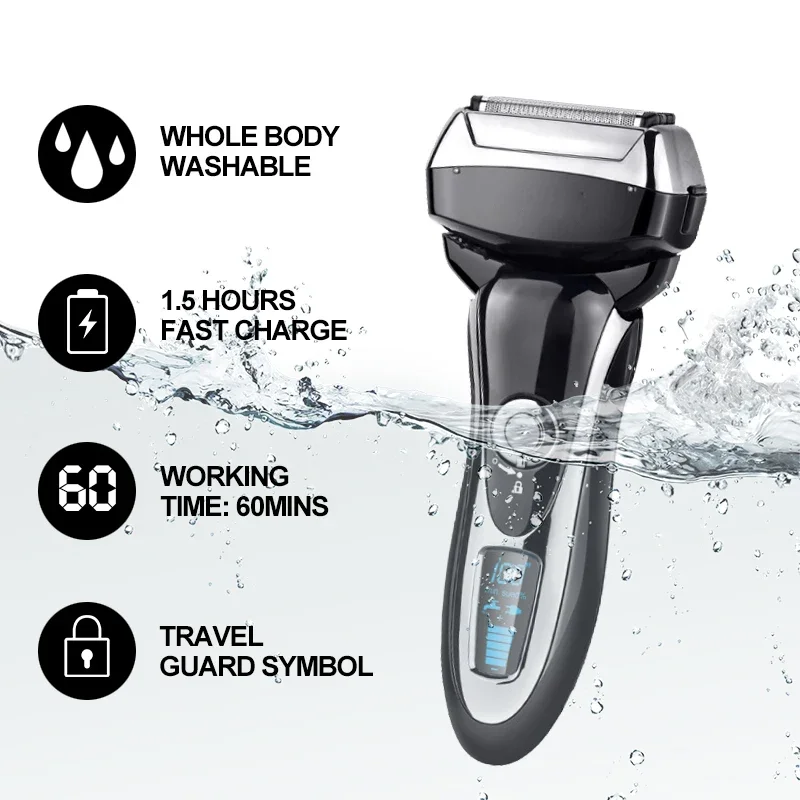 

Professional Men Shaver Electric Razor Wet Dry Rechargeable Beard Trimmer LCD Display