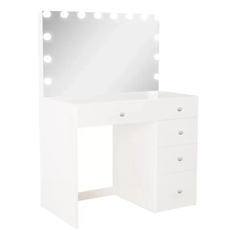 Modern Vanity Desk with Light Bulbs, 5 Drawers, White
