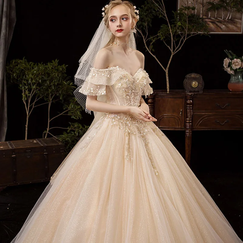 2021 Off ไหล่ Vestido De Noiva ชุดแต่งงานรถไฟ Custom-Made Plus ขนาดเจ้าสาว Tulle Mariage Boho แชมเปญงานแต่งงาน