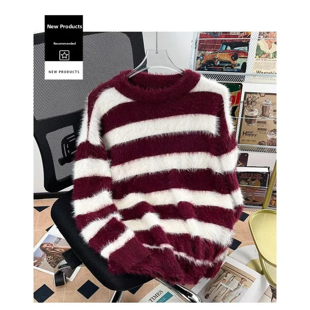 

Мужской шерстяной свитер Thiened, осень-зима, свободный полосатый трикотаж для пар, мягкий средний полиэстер, повседневный длинный све