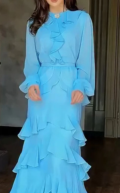 Estilo francês strass em torno do pescoço lanterna manga assimétrico vestido com zíper voltar em camadas plissado chiffon vestido de noite com cinto