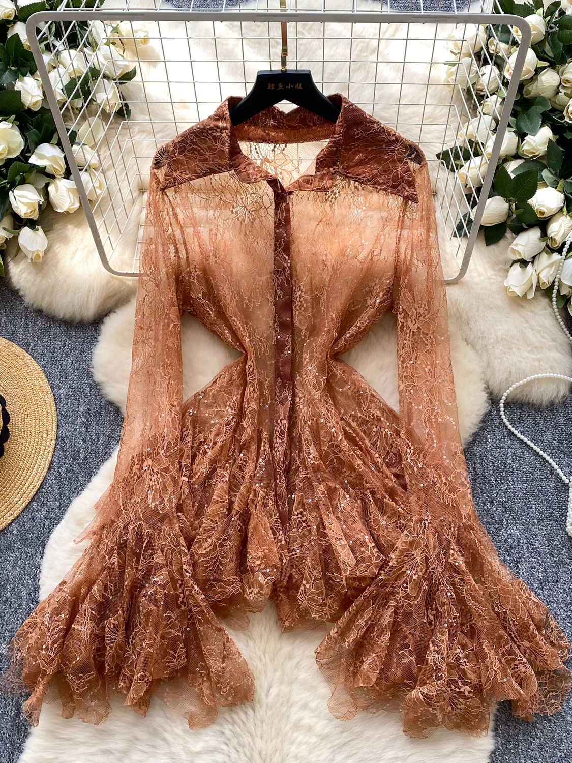 

Ele Lace Sve irt Women's Autumn Thin Netting Bell Sve irt Ladylike Quali Beautiful Top Korean Sle Loose Fit