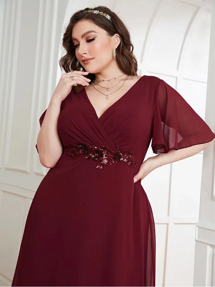 S-7XL Plus Size V Neck Short Sleeve Burgundy Short Sleeve Bridesmaid Dress Floor Standing Maxi Elegant Luxury 4XL5XL Prom Dress